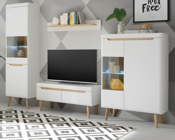 Wohnwand Isgard in wei� matt und Scandi Eiche Wohnkombination skandinavisch 4-teilig 290 x 197 cm