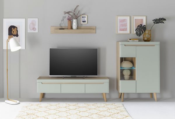 Highboard Isgard in Pistazie matt und Scandi Eiche Vitrine skandinavisch 90 x 134 cm