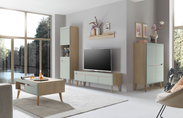 Vitrine Isgard in Pistazie matt und Scandi Eiche Vitrinenschrank 53 x 197 cm mit Soft-Close