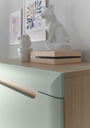 Couchtisch Isgard in Pistazie matt und Scandi Eiche Beistelltisch skandinavisch 107 x 67 cm