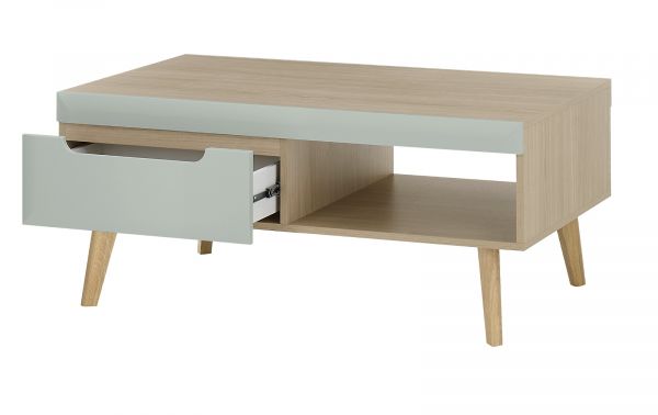 Couchtisch Isgard in Pistazie matt und Scandi Eiche Beistelltisch skandinavisch 107 x 67 cm