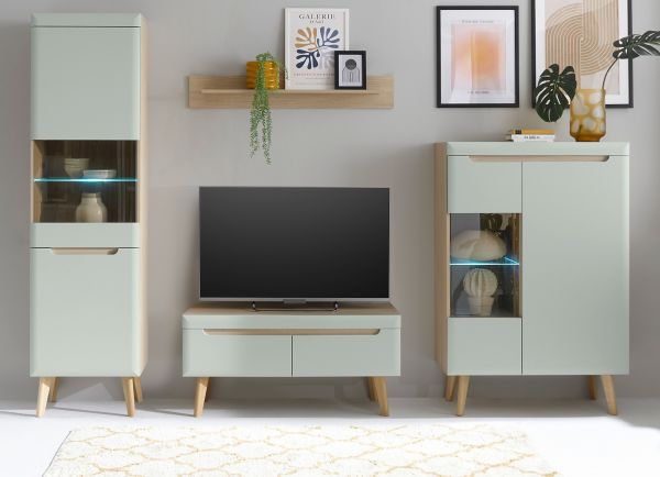 Wohnwand Isgard in Pistazie matt und Scandi Eiche Wohnkombination skandinavisch 4-teilig 290 x 197 cm
