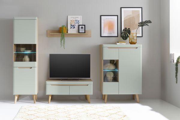 Wohnwand Isgard in Pistazie matt und Scandi Eiche Wohnkombination skandinavisch 4-teilig 290 x 197 cm