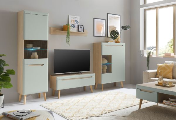 Wohnwand Isgard in Pistazie matt und Scandi Eiche Wohnkombination skandinavisch 4-teilig 290 x 197 cm