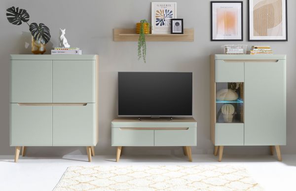 Wohnwand Isgard in Pistazie matt und Scandi Eiche Wohnkombination skandinavisch 4-teilig 344 cm