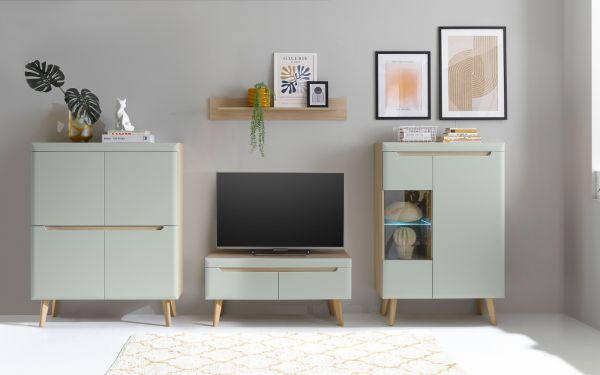 Wohnwand Isgard in Pistazie matt und Scandi Eiche Wohnkombination skandinavisch 4-teilig 344 cm