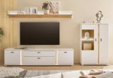 Wohnwand Bellport in wei� matt und Wotan Eiche Wohnkombination inklusive Frontbeleuchtung 290 cm