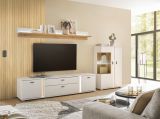 Wohnwand Bellport in wei� matt und Wotan Eiche Wohnkombination inklusive Frontbeleuchtung 290 cm