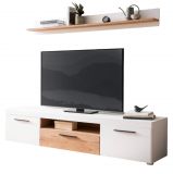 TV-Lowboard und Wandboard Lavell in wei� matt und Evoke Eiche Wohnkombination 2-teilig, Soft-Close-Funktion