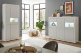 Vitrine Derby in wei� matt und Evoke Eiche Vitrinenschrank 85 x 198 cm, Soft-Close-Funktion