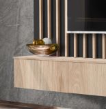 TV-Lowboard Set Pearl in Jackson Eiche und schwarz TV Unterteil mit Akustikpaneele 180 cm, Push-to-Open