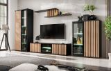Wohnwand Morgan in schwarz und Jackson Eiche Schrankwand mit 3D-Lamellen inkl. LED