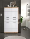 Badezimmer Midischrank Willow in wei� Hochglanz und Nox Eiche Badschrank 74 x 141 cm