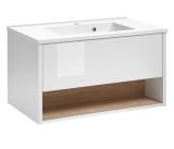 Waschbeckenunterschrank MIT Waschbecken Glide in wei� Hochglanz und Eiche 80 cm