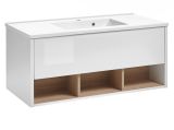 Waschbeckenunterschrank MIT Waschbecken Glide in wei� Hochglanz und Eiche 100 cm