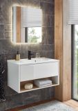 Badm�bel Set Glide in wei� Hochglanz und Eiche mit Waschbecken und LED Beleuchtung 80 x 190 cm