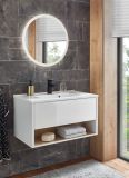 Badm�bel Set Glide in wei� Hochglanz und Eiche mit Waschbecken und LED Beleuchtung 80 x 190 cm