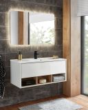 Badm�bel Set Glide in wei� Hochglanz und Eiche mit Waschbecken und LED Beleuchtung 100 x 190 cm