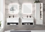Badm�bel Set Glide in wei� Hochglanz und grau mit Waschbecken und LED Beleuchtung 225 x 190 cm