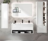 Badm�bel Set Glide in wei� Hochglanz und grau mit Waschbecken und LED Beleuchtung 195 x 190 cm