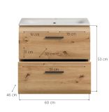 Waschtisch Cover in Artisan Eiche 60 cm, Set mit Keramik Waschbecken, Vollauszug