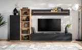 Wohnwand Lester in Schwarz und Eiche, Schrankwand 240 cm mit Push-to-Open
