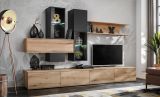 Wohnwand Area Eiche mit Schwarz 280 x 180 cm, inkl. Beleuchtung, Push-to-Open-Funktion