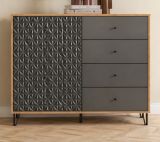 Kommode Relief in Grau und Artisan Eiche, Sideboard mit 3-D Struktur 110 x 96 cm, Vollauszug