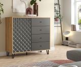 Kommode Relief in Grau und Artisan Eiche, Sideboard mit 3-D Struktur 110 x 96 cm, Vollauszug