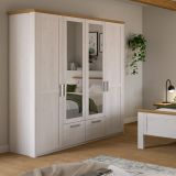 Kleiderschrank Mirano in Wei� L�rche mit Eiche, Landhaus Dreht�renschrank 4-t�rig mit Spiegel