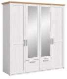 Kleiderschrank Mirano in Wei� L�rche mit Eiche, Landhaus Dreht�renschrank 4-t�rig mit Spiegel