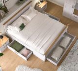 Schlafzimmer Mirano Wei� L�rche und Eiche Landhaus, Set Doppelbett inkl. 3x Bettschubkasten und 2x Nachttisch