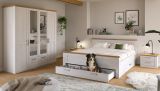Schlafzimmer Mirano Wei� L�rche und Eiche Landhaus, Set Doppelbett inkl. 3x Bettschubkasten und 2x Nachttisch