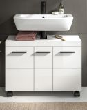 Waschbeckenunterschrank Talerno in Wei� Hochglanz, Badschrank 3-t�rig 80 x 58 cm auf Rollen