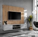 TV-Lowboard Set iLike in hellem Grau und Artisan Eiche 160 cm, Flat-TV Unterschrank mit Akustikpaneel