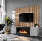 TV-Lowboard Set iLike in hellem Grau mit schwarz und Eiche Artisan, Set mit Akustikpaneel und Ethanol Kamin