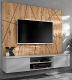 TV-Lowboard Set iLike in hellem Grau und Artisan Eiche 160 cm, Flat-TV Unterschrank mit Wandpaneel