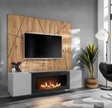 TV-Lowboard Set iLike hellgrau, schwarz und Artisan Eiche TV Unterteil mit Bio Ethanol Kamin und Akustikpaneel 160 cm