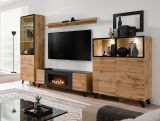 Wohnwand Heritage in Wotan Eiche und schwarz Schrankwand inklusive Kamin und LED Beleuchtung, 330 cm