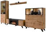 Wohnwand Heritage in Wotan Eiche und schwarz Schrankwand inklusive Kamin und LED Beleuchtung, 330 cm