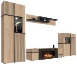 Wohnwand Lovely in Hickory Eiche und schwarz Schrankwand mit Ethanol Kamin, inkl. Beleuchtung