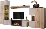 Wohnwand Cathlyn Eiche und Kaschmir, Schrankwand mit Ethanol Kamin, inkl. LED, 350 x 197 cm