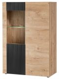 Highboard Heron in Eiche und Schwarz, Vitrine mit LED Beleuchtung, 90 x 132 cm