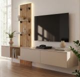 Wohnwand Clay in Grau Lehm und Evoke Eiche Schrankwand h�ngend mit LED 220 cm, Push-to-Open