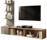 TV-Lowboard Set Sense in Eiche mit Lehm-Grau 180 cm, inkl. Wandpaneel und Regal