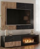 TV-Lowboard Starlet in schwarz, Vicking Eiche und Marmor schwarz TV-M�bel mit Ethanol Kamin, Push-To-Open, 160 x 42 cm