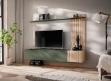 Wohnwand Madina mattes Gr�n und Eiche Leistenoptik, Schrankwand h�ngend 180 cm mit Push-to-Open