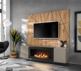 TV-Lowboard Set iLike in Lehm-Grau und Artisan Eiche, Flat-TV Unterschrank mit Wandpaneel 160 cm