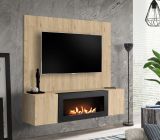 TV-Lowboard Set Option in Eiche, Flat-TV Unterschrank h�ngend mit Ethanol Kamin und Akustikpaneel 160 cm