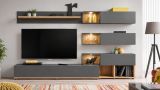 Wohnwand Lester in Anthrazit und Wotan Eiche Schrankwand mit LED, Push-to-Open, 240 x 150 cm